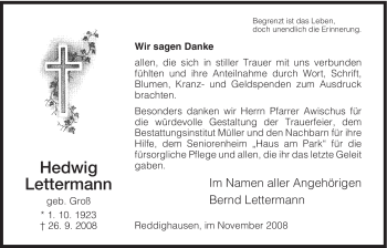 Todesanzeige von Hedwig Lettermann von HNA