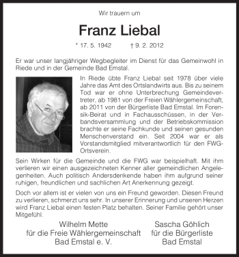 Todesanzeige von Franz Liebal von HNA