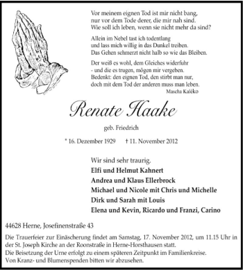 Todesanzeige von Renate Haake von HNA