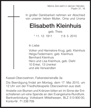 Todesanzeige von Elisabeth Kleinhuis von HNA