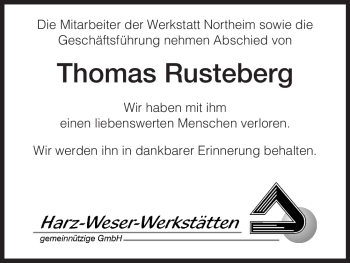 Todesanzeige von Thomas Rusteberg von HNA