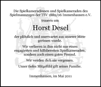 Todesanzeige von Horst Desel von HNA