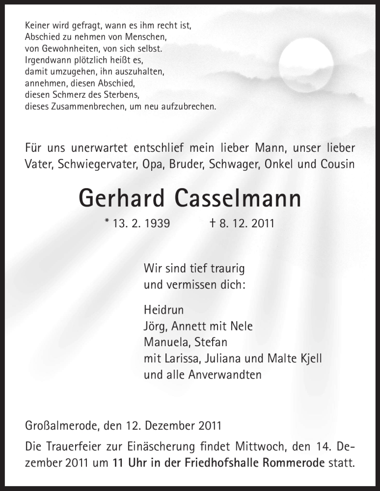  Traueranzeige für Gerhard Casselmann vom 12.12.2011 aus HNA