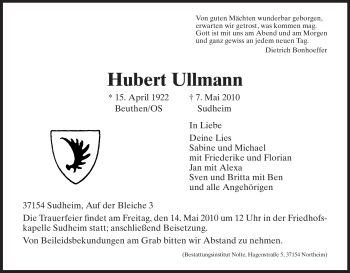 Todesanzeige von Hubert Ullmann von HNA