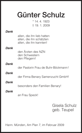 Todesanzeige von Günter Schulz von HNA