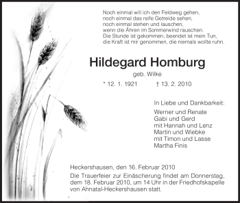 Todesanzeige von Hildegard Homburg von HNA