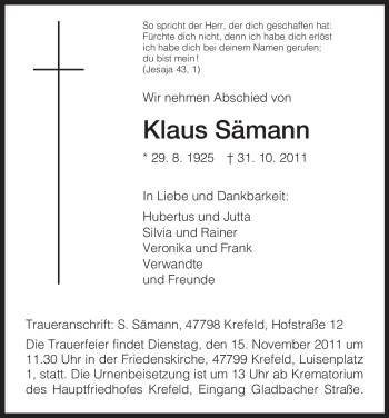 Todesanzeige von Klaus Sämann von HNA