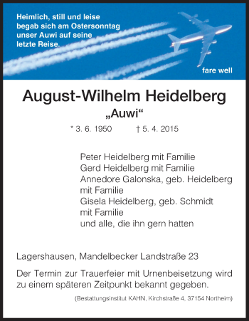 Todesanzeige von August-Wilhelm Heidelberg von HNA