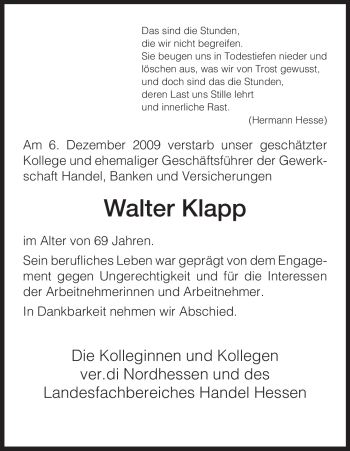 Todesanzeige von Walter Klapp von HNA