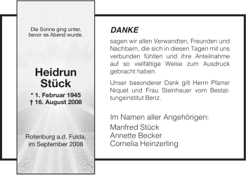 Todesanzeige von Heidrun Stück von HNA