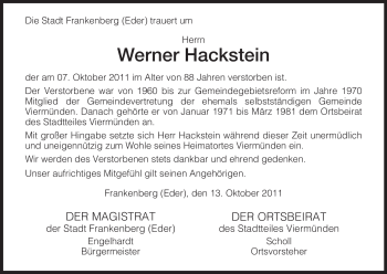 Todesanzeige von Werner Hackstein von HNA