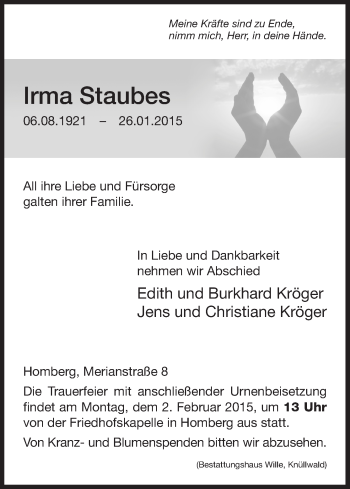 Todesanzeige von Irma Staubes von HNA