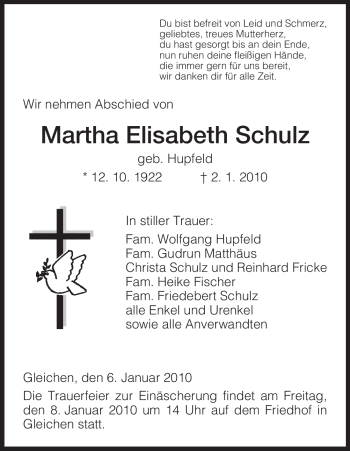 Todesanzeige von Martha Elisabeth Schulz von HNA