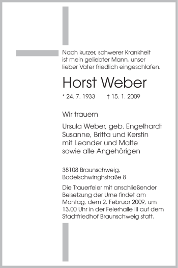 Todesanzeige von Horst Weber von HNA