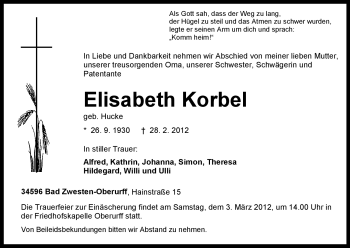 Todesanzeige von Elisabeth Korbel von HNA