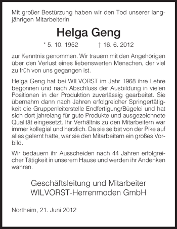 Todesanzeige von Helga Geng von HNA