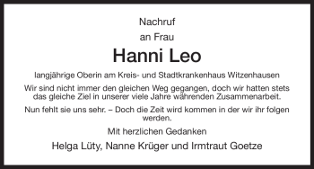 Todesanzeige von Hanni Leo von HNA