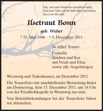 Todesanzeige von Ilsetraut Bonn von HNA