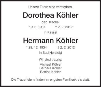 Todesanzeige von Hermann Köhler von HNA