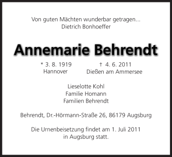 Todesanzeige von Annemarie Behrendt von HNA