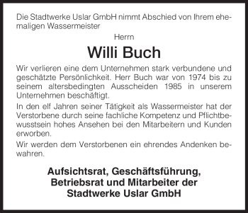 Todesanzeige von Willi Buch von HNA