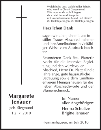 Todesanzeige von Margarete Jenauer von HNA