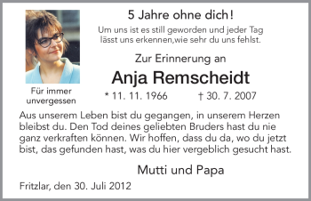 Todesanzeige von Anja Remscheidt von HNA