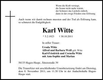 Todesanzeige von Karl Witte von HNA