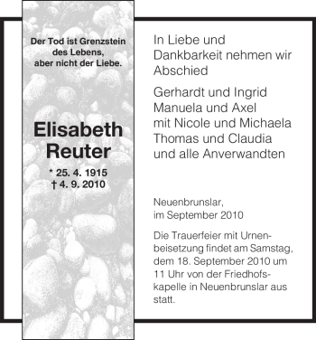 Todesanzeige von Elisabeth Reuter von HNA