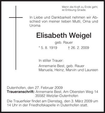 Todesanzeige von Elisabeth Weigel von HNA