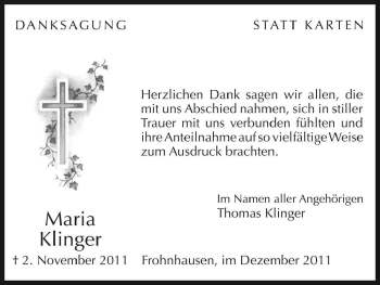 Todesanzeige von Maria Klinger von HNA