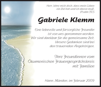 Todesanzeige von Gabriele Klemm von HNA