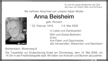 Todesanzeige von Anna Beisheim von HNA