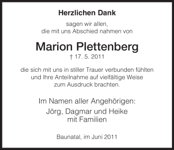 Todesanzeige von Marion Plettenberg von HNA