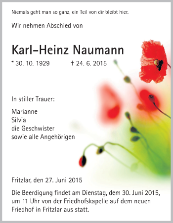 Todesanzeige von Karl-Heinz Naumann von HNA