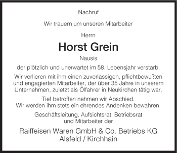 Todesanzeige von Horst Grein von HNA