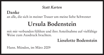 Todesanzeige von Ursula Bodenstein von HNA