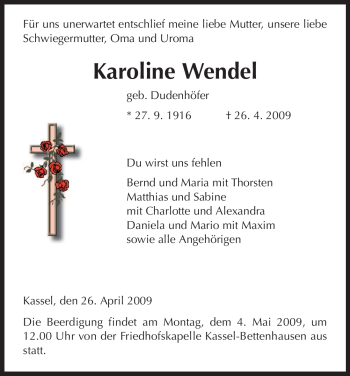 Todesanzeige von Karoline Wendel von HNA