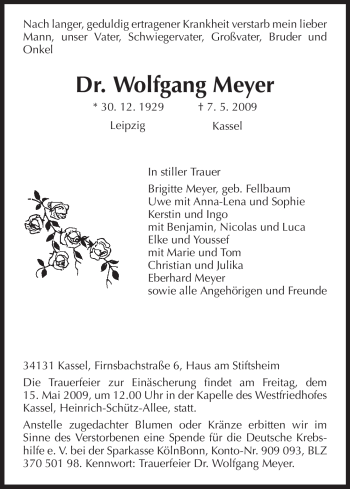 Todesanzeige von Wolfgang Meyer von HNA