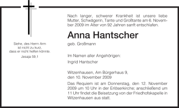 Todesanzeige von Anna Hantscher von HNA