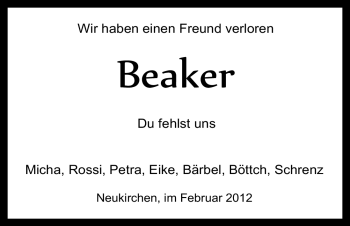 Todesanzeige von Beaker Unbekannt von HNA