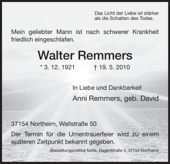 Todesanzeige von Walter Remmers von HNA
