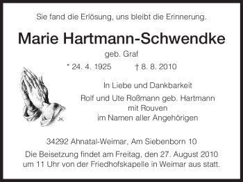 Todesanzeige von Marie Hartmann-Schwendke von HNA