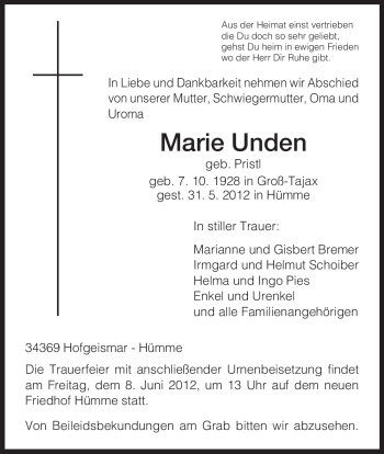 Todesanzeige von Marie Unden von HNA