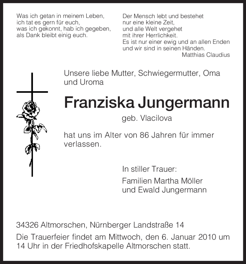  Traueranzeige für Franziska Jungermann vom 04.01.2010 aus HNA