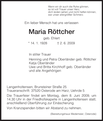 Todesanzeige von Maria Röttcher von HNA