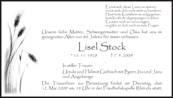 Todesanzeige von Lisel Stock von HNA