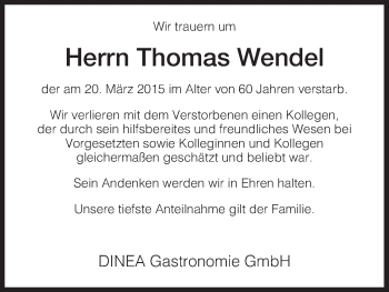 Todesanzeige von Thomas Wendel von HNA