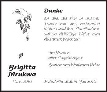 Todesanzeige von Brigitta Mrukwa von HNA