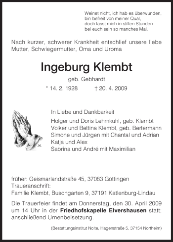 Todesanzeige von Ingeburg Klembt von HNA